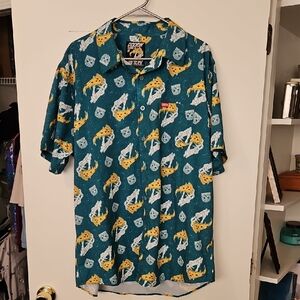 DIXXON Teal Short-Sleeve Pizza & Skeleton Hand Print Button-Down Shirt